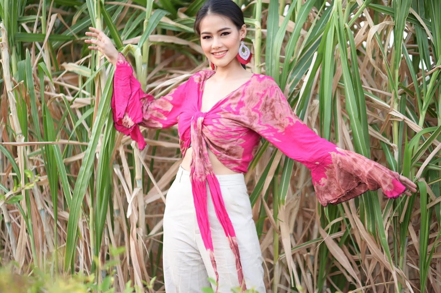 Women Petite & Teen CROP TOP Tie Front or Back Ruffle Bell Sleeve Free Size Handmade Tie Dye (20 Pink Pretty)