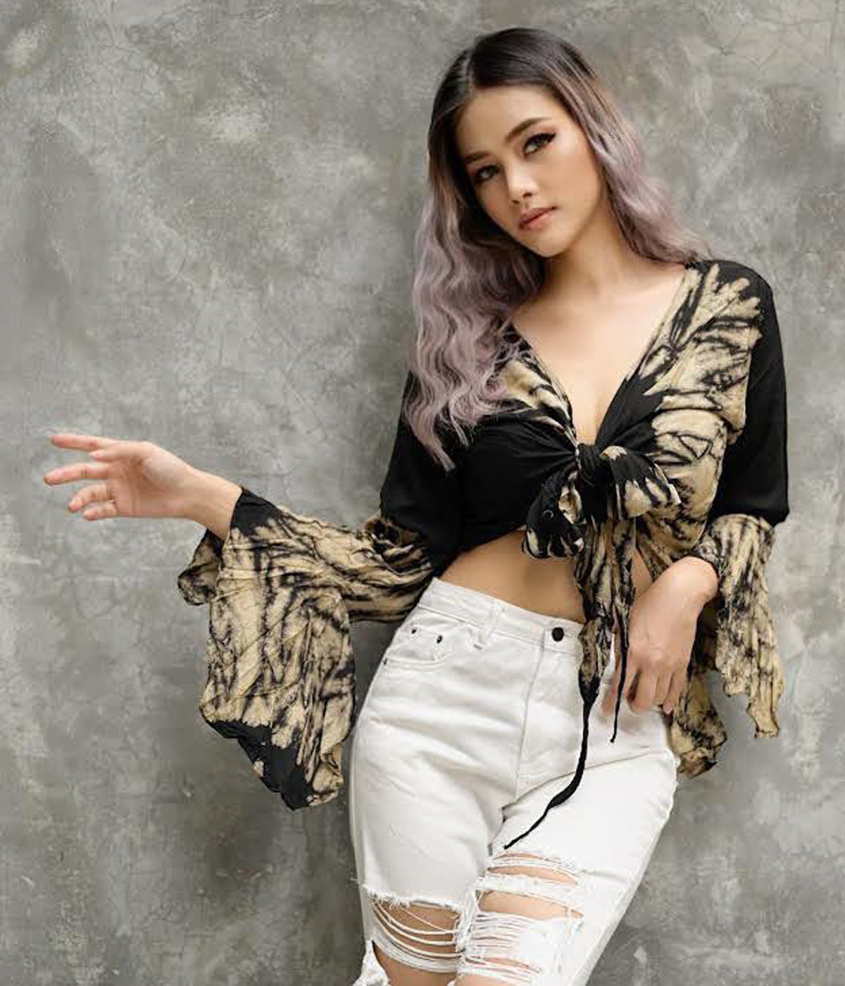 Women Petite & Teen CROP TOP Tie Front or Back Ruffle Bell Sleeve Free Size Handmade Tie Dye (02 Black Moth)