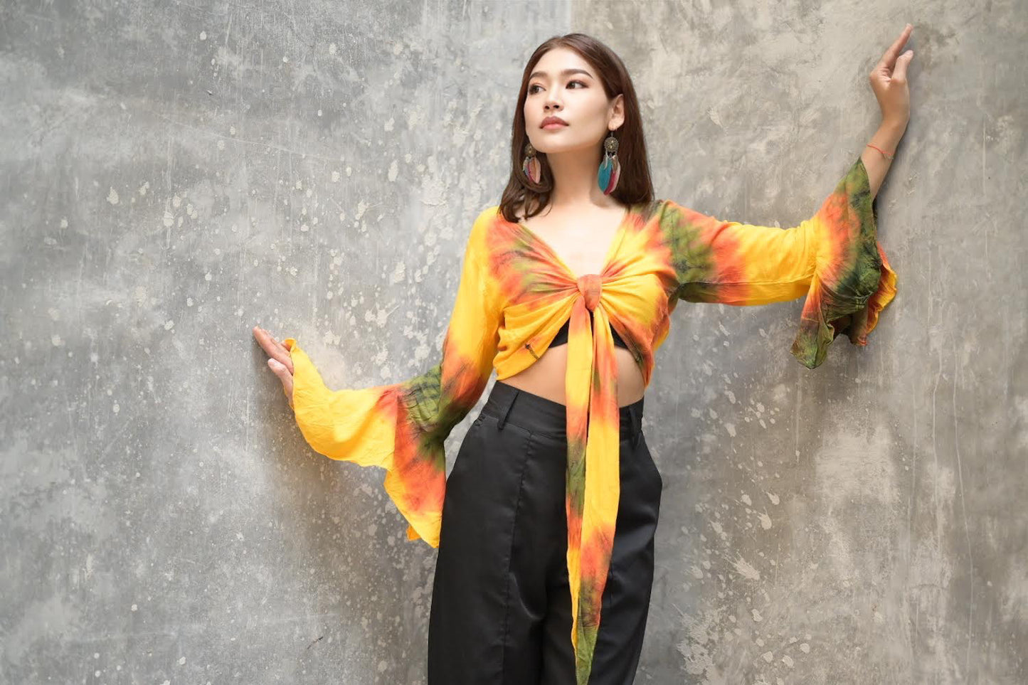 Women Petite & Teen CROP TOP Tie Front or Back Ruffle Bell Sleeve Free Size Handmade Tie Dye (33-Yellow-Sunflower)