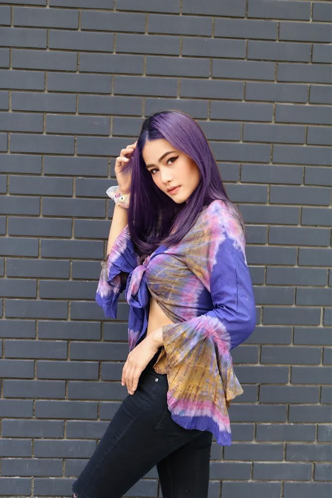 Women Petite & Teen CROP TOP Tie Front or Back Ruffle Bell Sleeve Free Size Handmade Tie Dye (24 Purple Orchid)