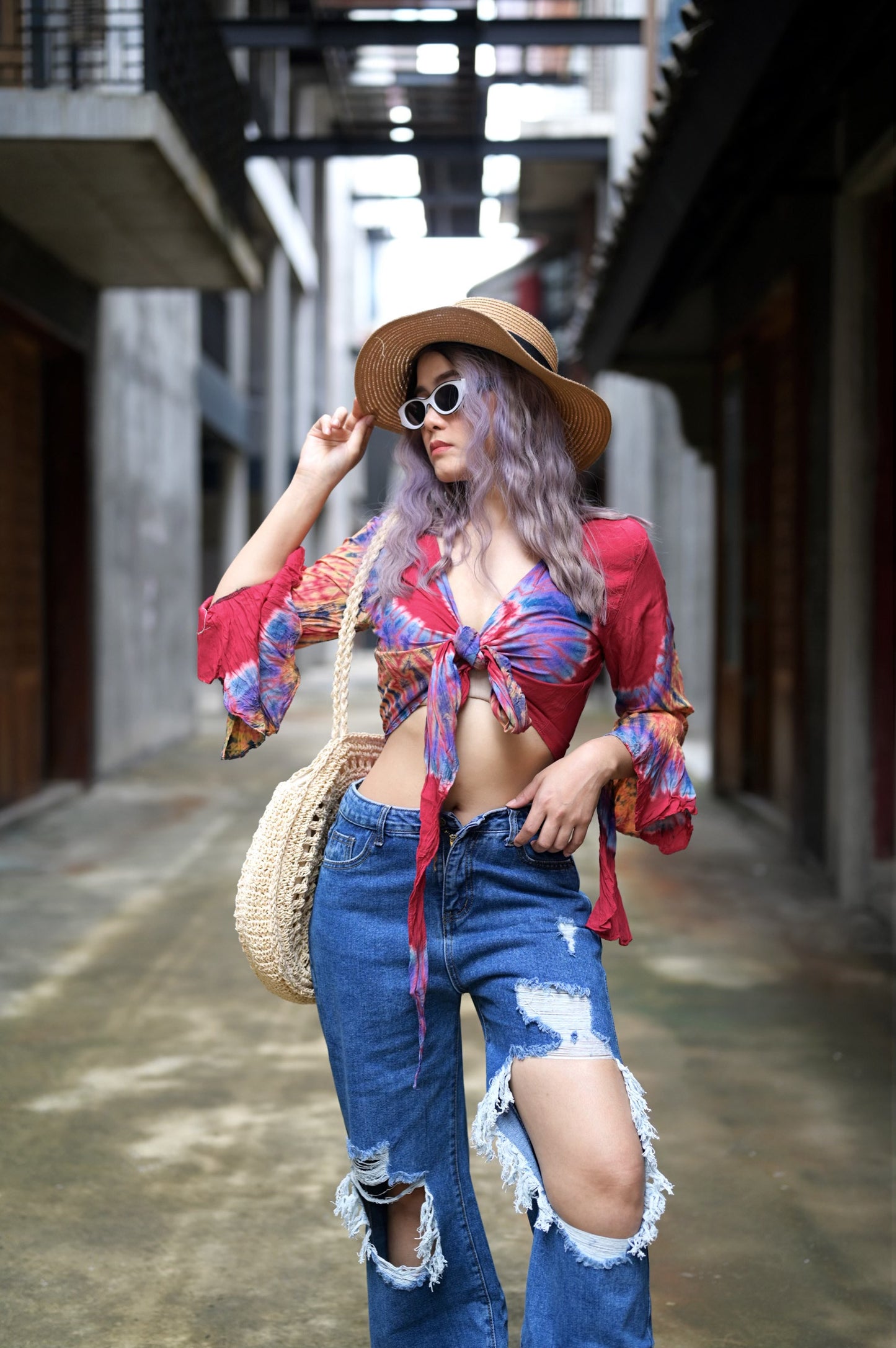 Women Petite & Teen CROP TOP Tie Front or Back Ruffle Bell Sleeve Free Size Handmade Tie Dye (25 Red Coral)