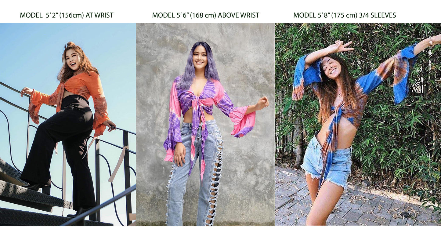 Women Petite & Teen CROP TOP Tie Front or Back Ruffle Bell Sleeve Free Size Handmade Tie Dye (02 Black Moth)