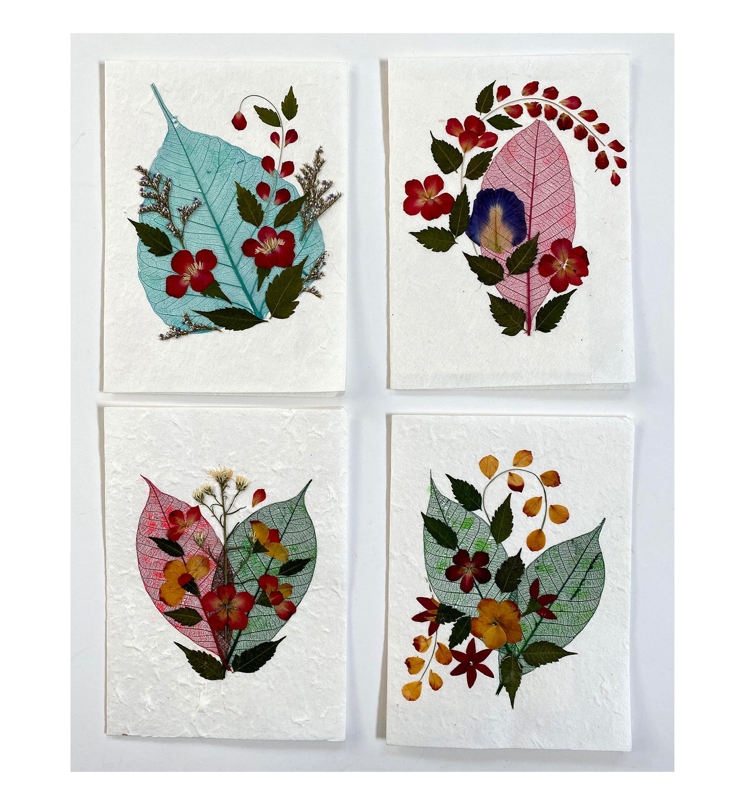 Sunne Tropical 4 Cards Random Pack Handmade Mulberry Paper Greeting Card 5x7 Inch Real Pressed Flowers- Skeleton Bodhi Leaf & Skeleton Rubber Leaf