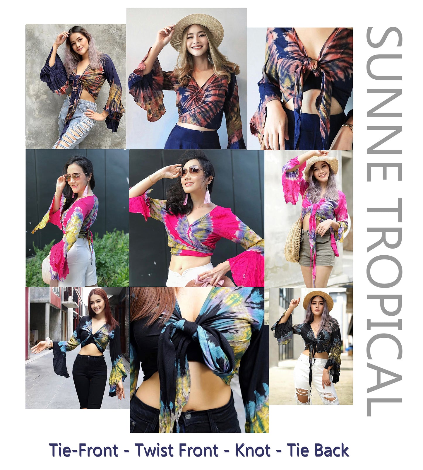Women Petite & Teen CROP TOP Tie Front or Back Ruffle Bell Sleeve Free Size Handmade Tie Dye (02 Black Moth)