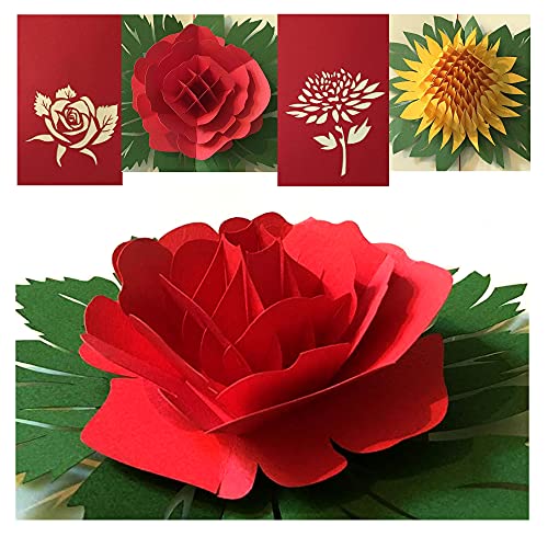 (2 Cards Pack) 3D Pop Up Flower Greeting Card 5.9 Inch 15 cm- Rose and Chrysanthemum
