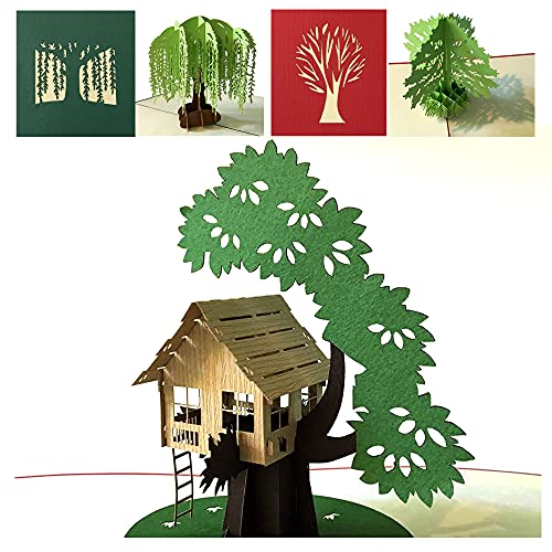 (3 Cards Pack) 3D Pop Up Christmas Tree Card 5.9 Inch 15 cm - Willow Tree House and Pine Tree