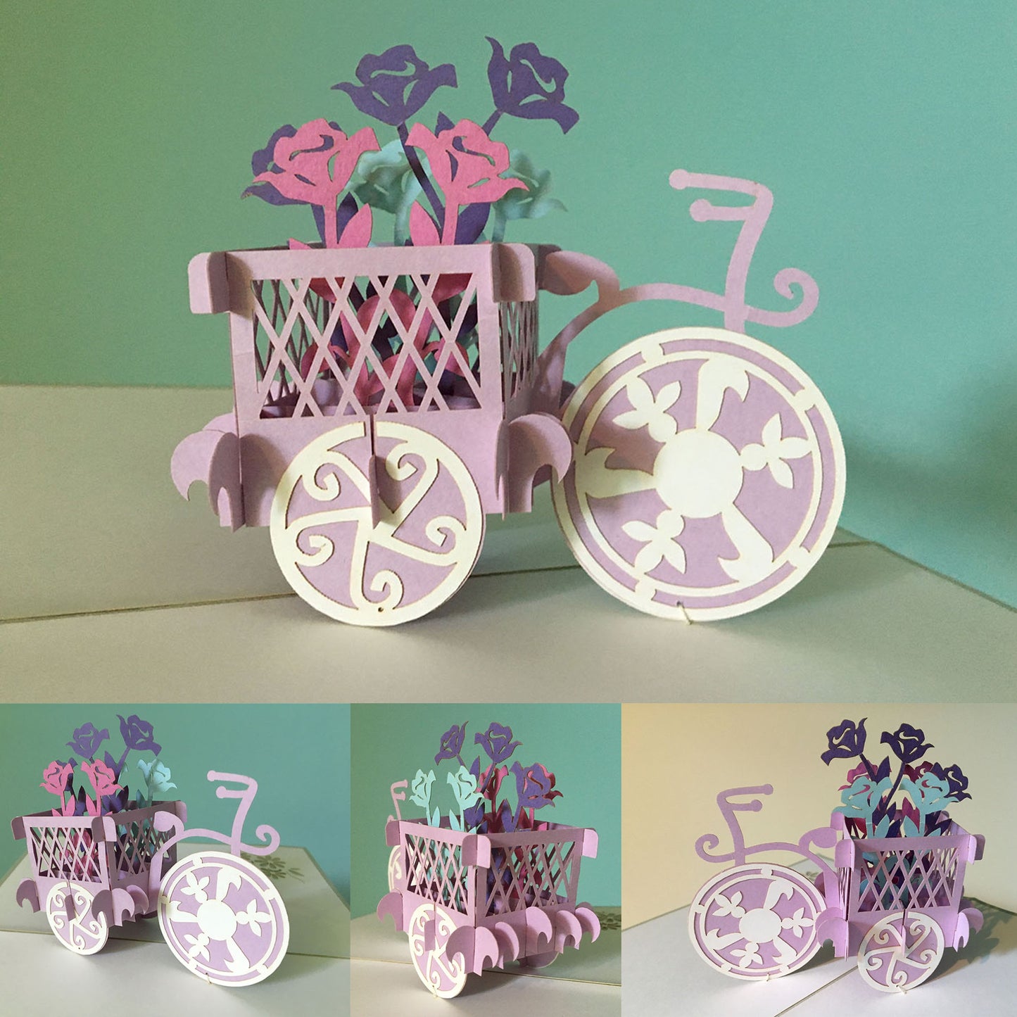 (2 Cards Pack) 3D Pop Up Flower Greeting Card 5x7 Inch 12.7 cm - Bicycle Flower Hummingbird