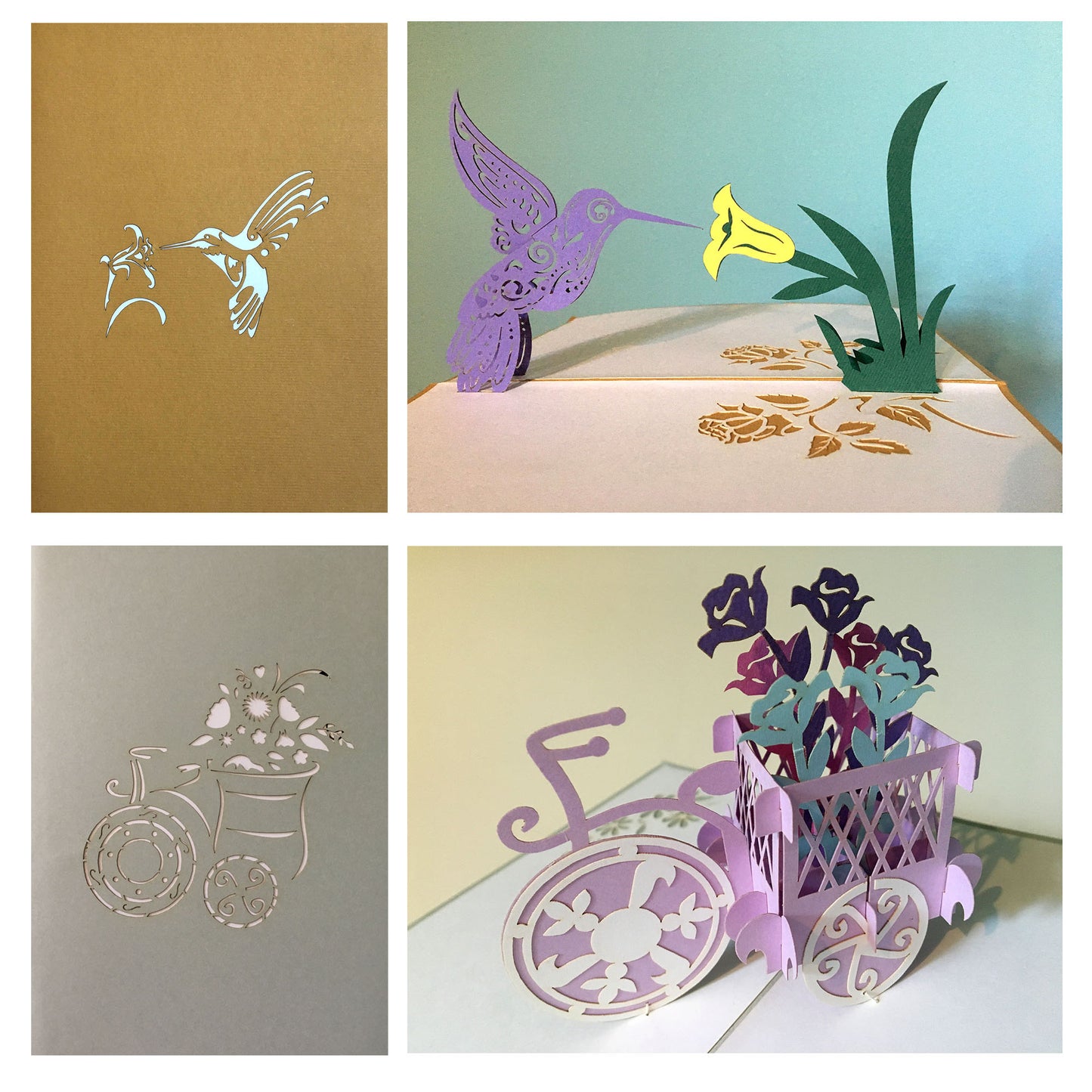 (2 Cards Pack) 3D Pop Up Flower Greeting Card 5x7 Inch 12.7 cm - Bicycle Flower Hummingbird