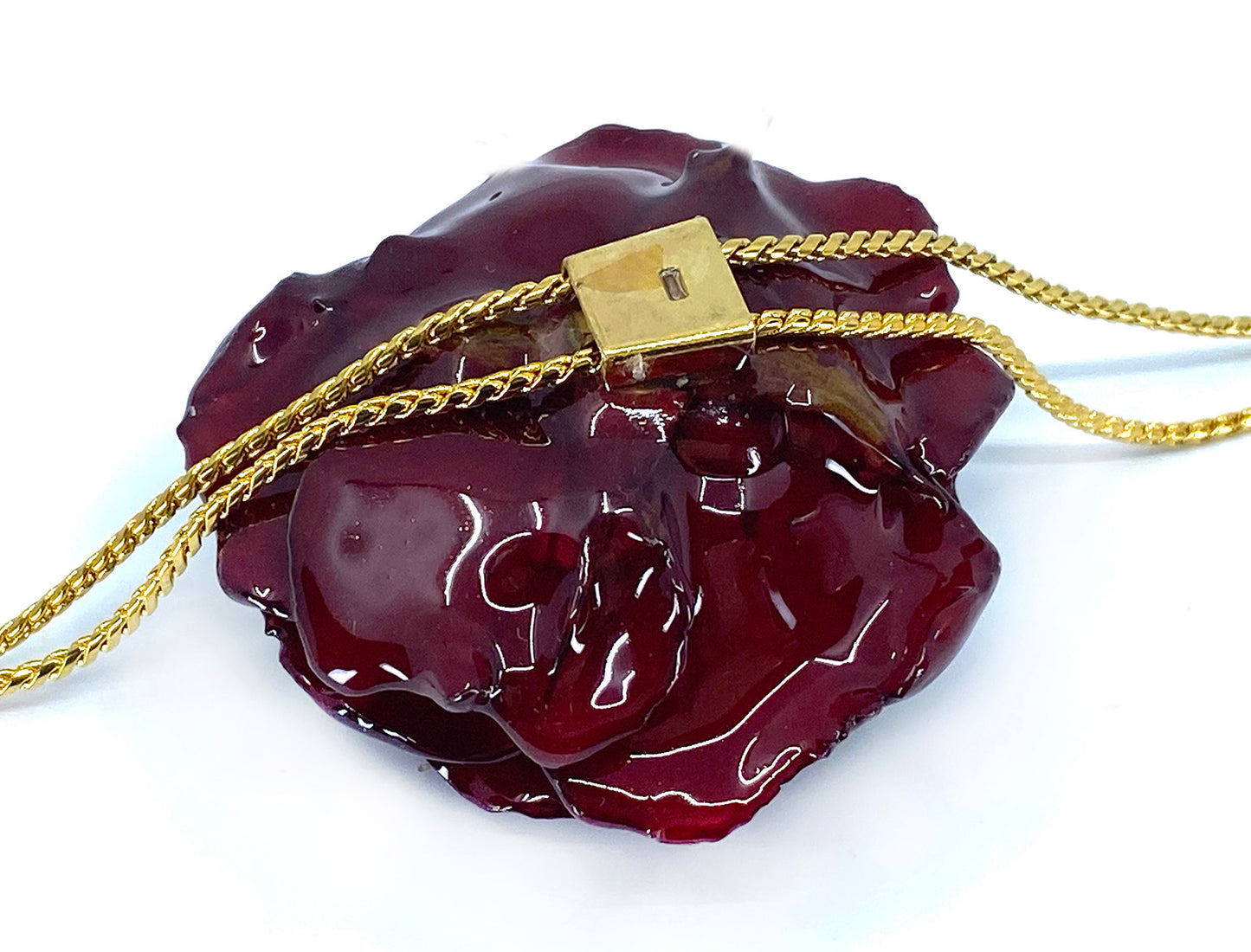 Mini Rose Mini 1.5-2.25 inch Pendant Necklace 18 inch Gold Plated 24K (Red Burgundy)