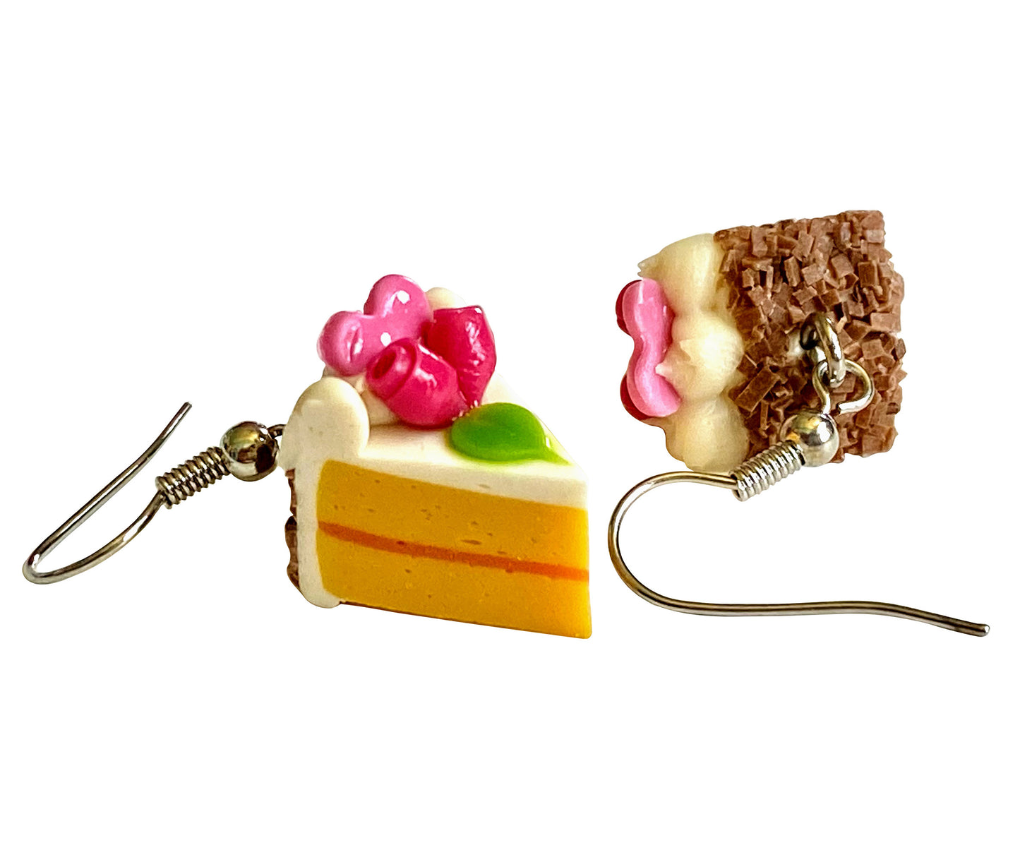 Handmade miniature food model earrings for Girls Teen - Slice Cake Heart 2 Roses
