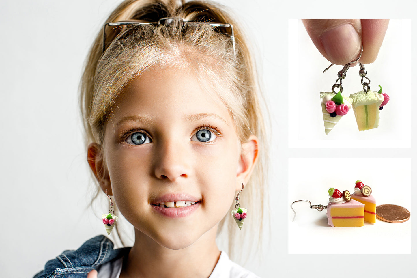 Handmade miniature food model earrings for Girls Teen - Slice Cake Heart 2 Roses