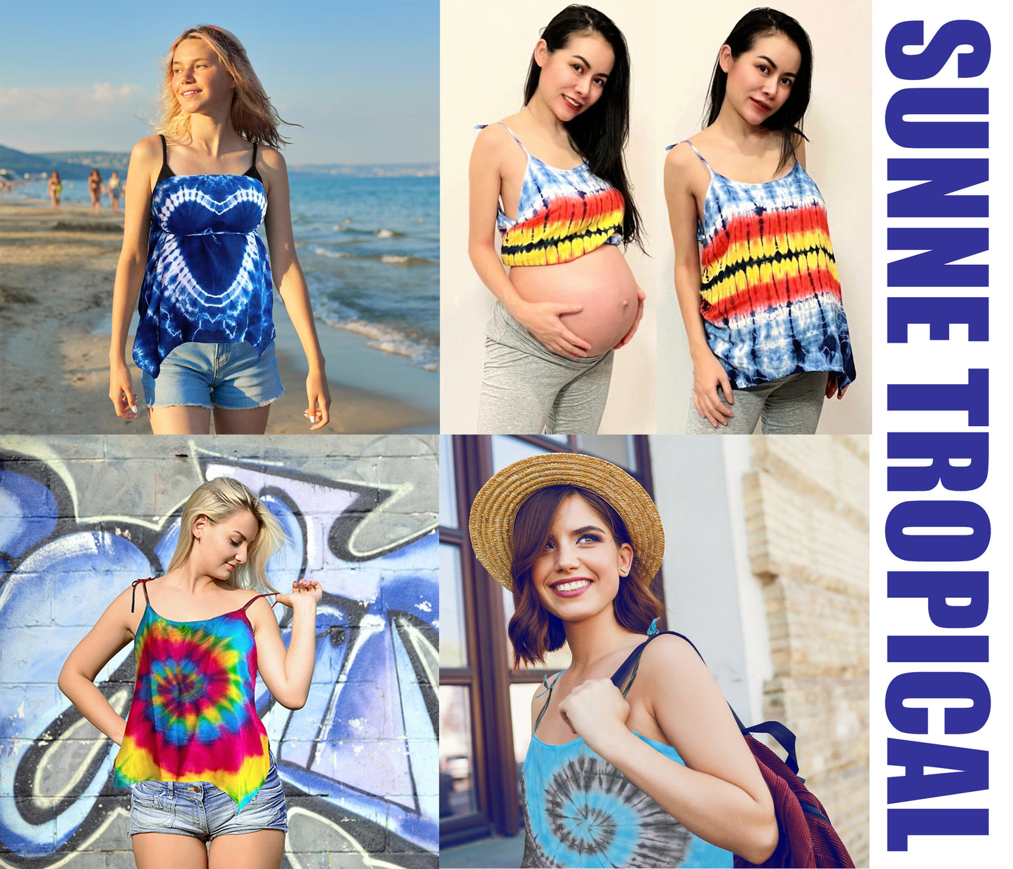 Cami Camisole Teen & Women, One Size Free Size Fit 0 to 8, Handmade Tie Dyed - Blue Seashell