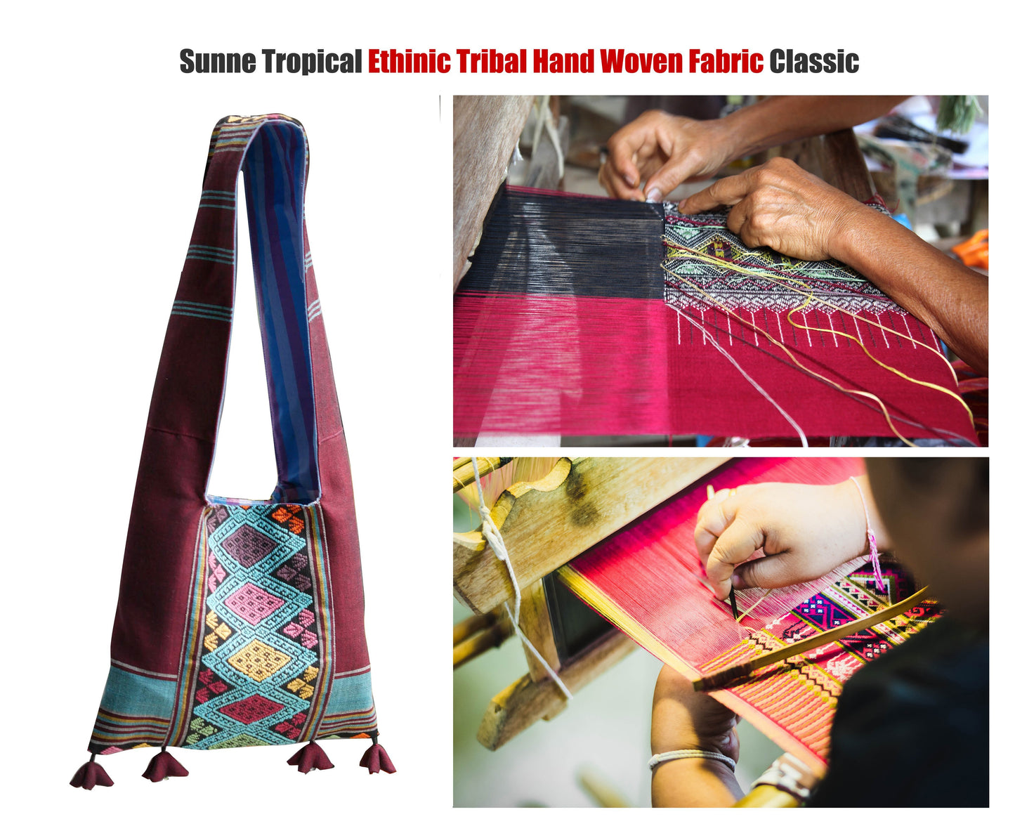 Handwoven Hand-dyed Handmade ETHNICS MINI shoulder bag tote bag Sunne Tropical - BURGUNDY RED