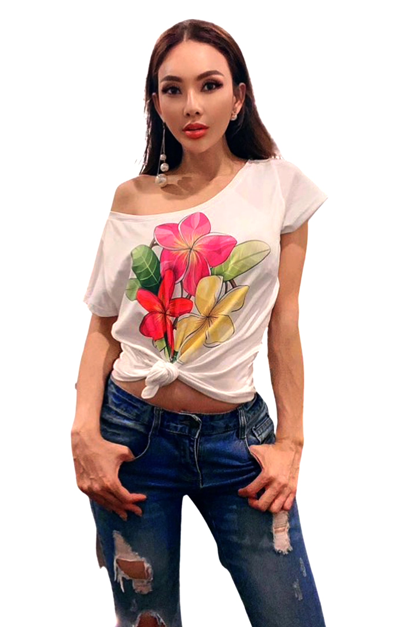 Sunne Tropical Women Top Tee White Loose Fit T-Shirt - Super Soft Light Weight Polyester Spandex - Hawaiian Plumeria