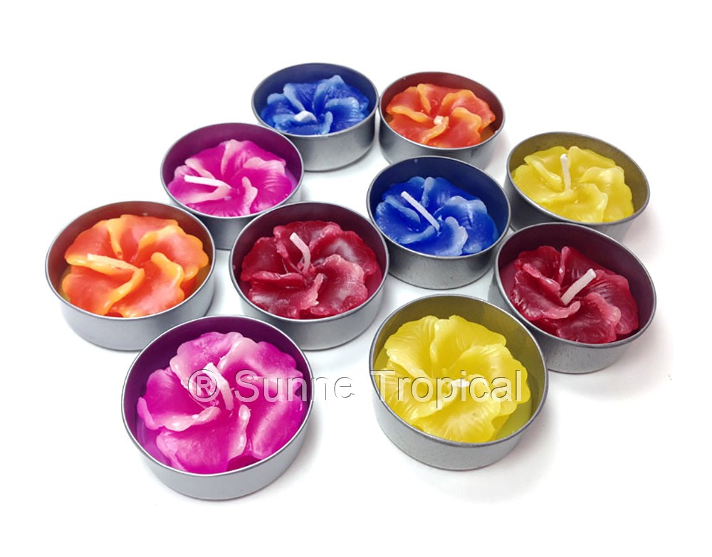 Hibiscus Hawaiian Flower Set of 10 Tealight Candles  (Multi-Color)