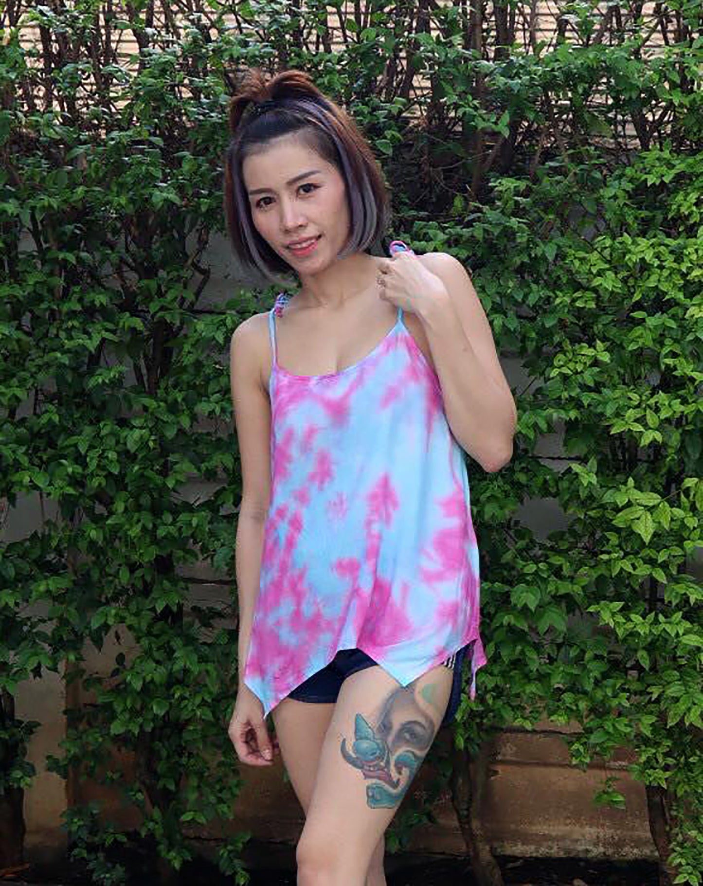 Cami Camisole Teen & Women, One Size Free Size Fit 0 to 8, Handmade Tie Dyed - Pink Blue Marble