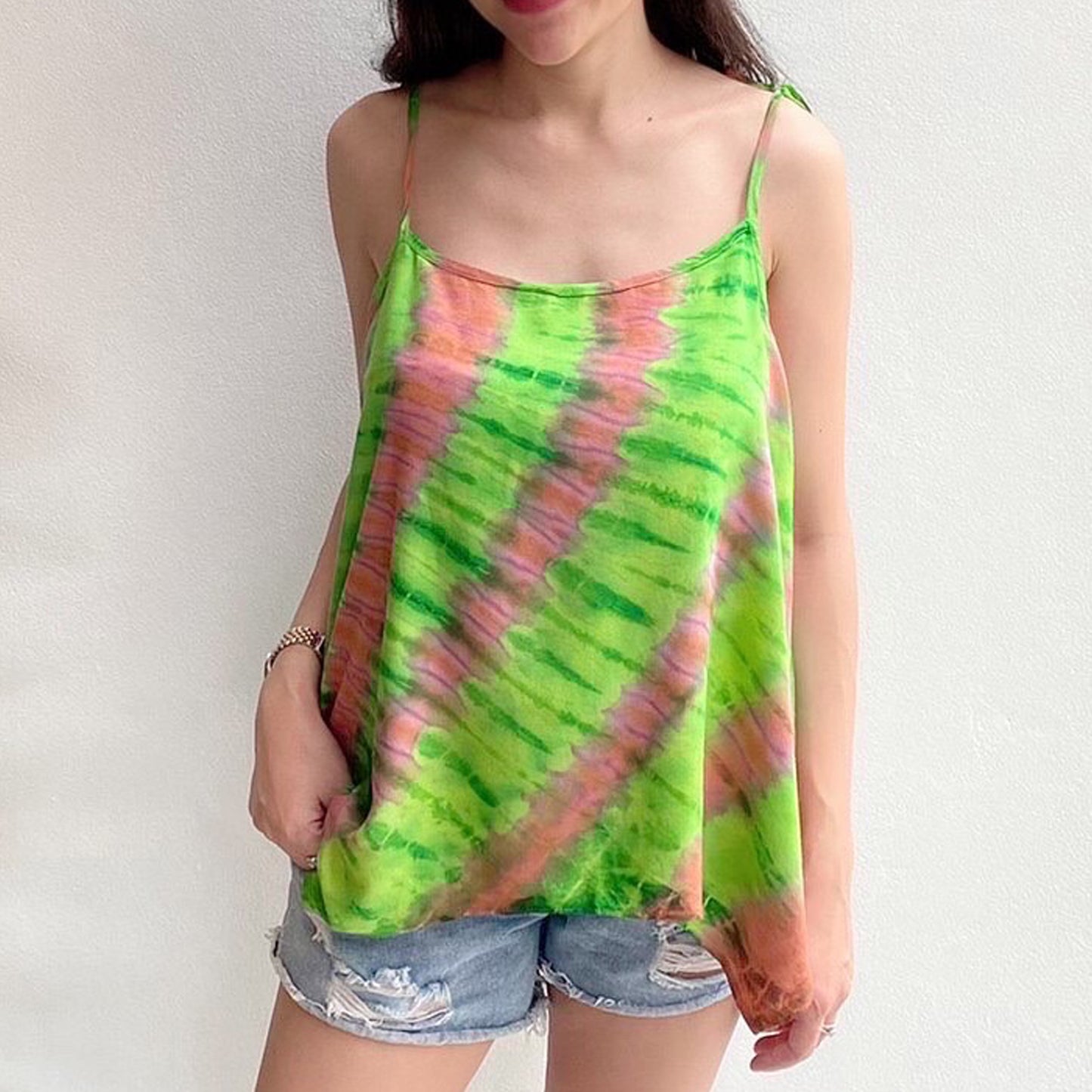 Cami Camisole Teen & Women, One Size Free Size Fit 0 to 8, Handmade Tie Dyed - Green Jade