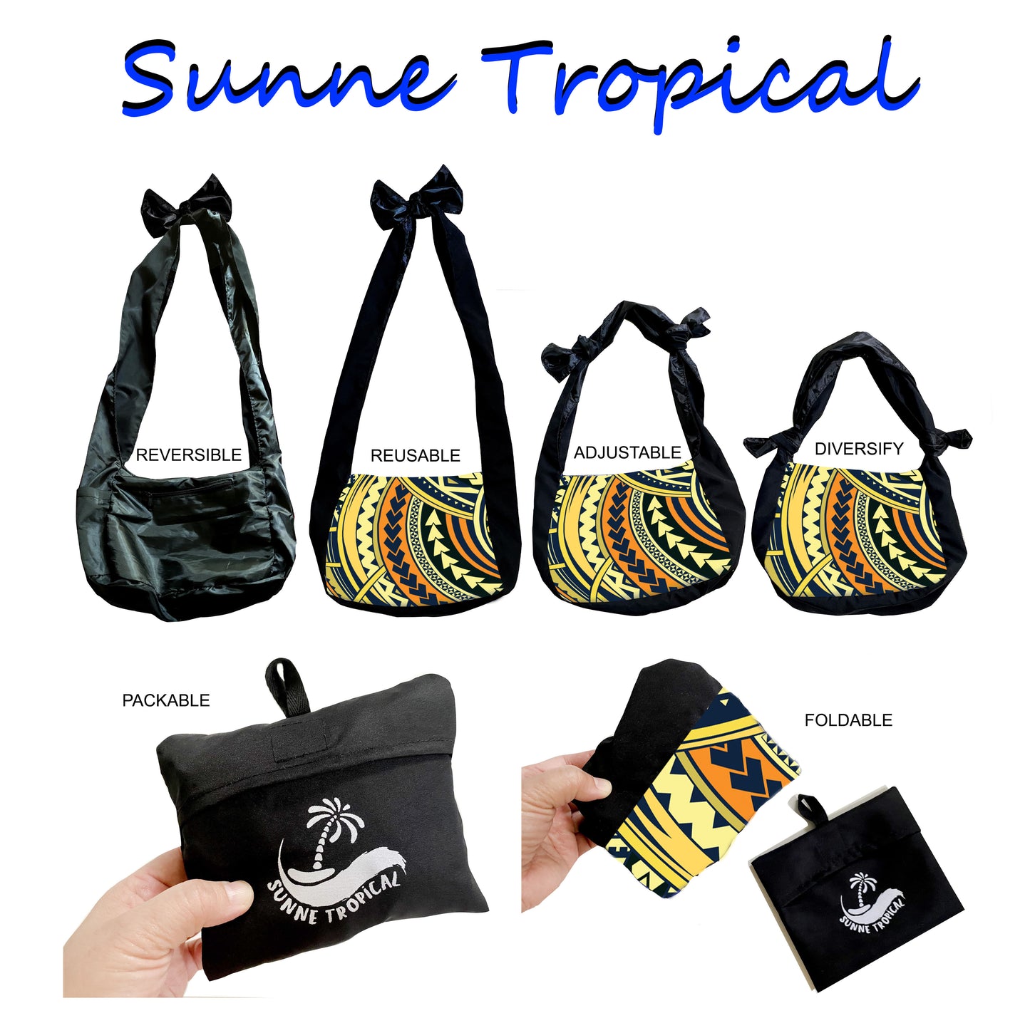 Sunne Tropical Polynesia Hawaiian Tribal Tattoo Adjustable Reversible Packable Tote Bag YELLOW