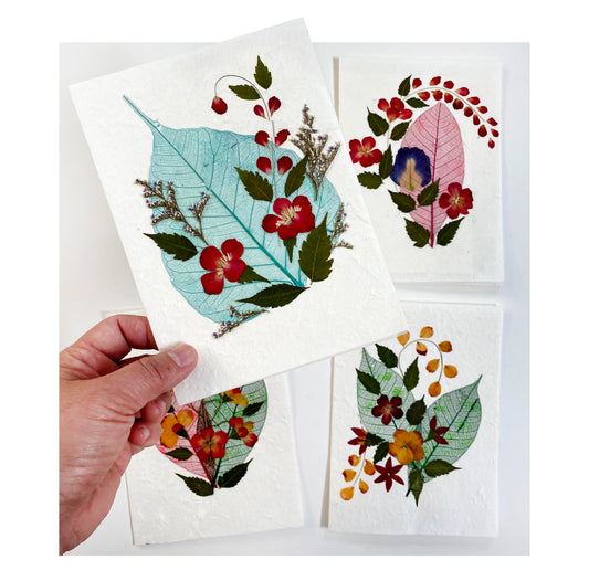 Sunne Tropical 4 Cards Random Pack Handmade Mulberry Paper Greeting Card 5x7 Inch Real Pressed Flowers- Skeleton Bodhi Leaf & Skeleton Rubber Leaf