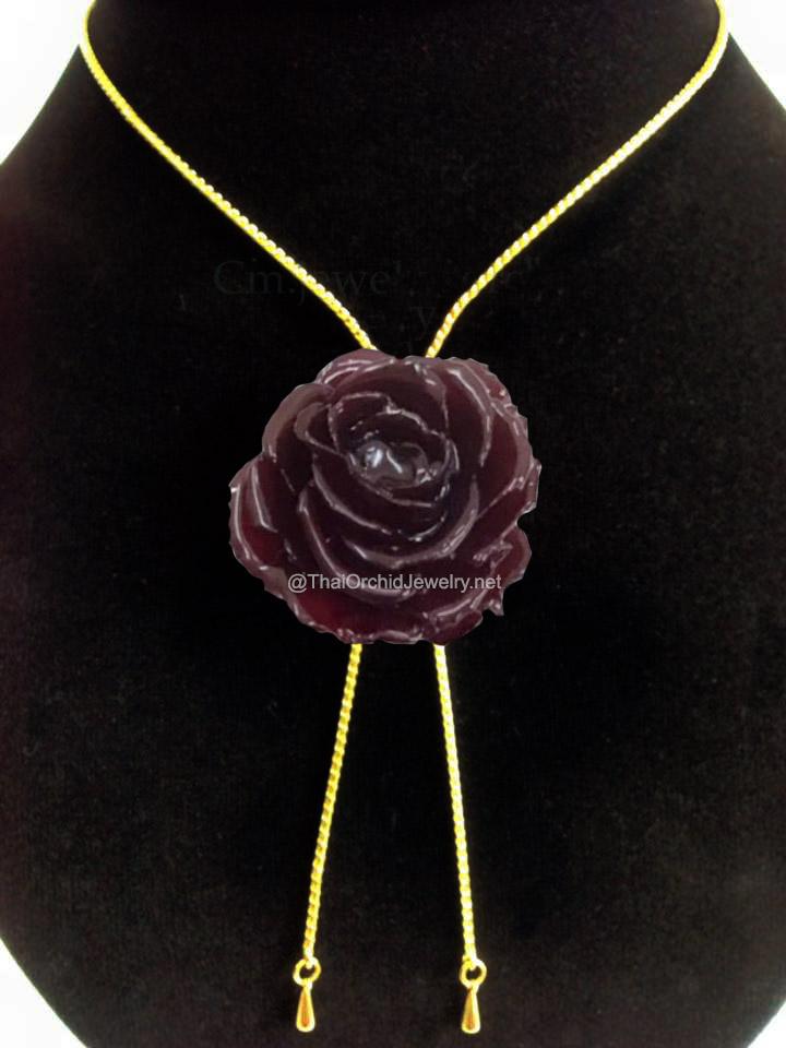 Mini Rose Mini 1.5-2.25 inch Pendant Necklace 18 inch Gold Plated 24K (Red Plum)