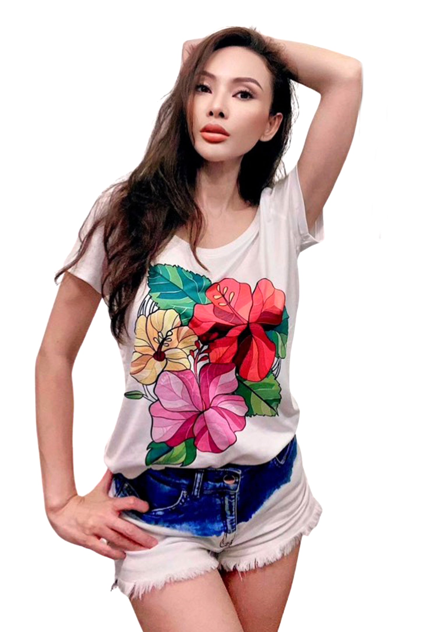Sunne Tropical Women Top Tee White Loose Fit T-Shirt - Super Soft Light Weight Polyester Spandex - Hawaiian Hibiscus Chaba